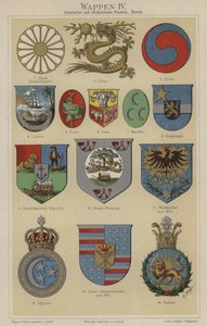 Vapensköldar från Hawaii och länder i Asien och Afrika (färg litho) av German School