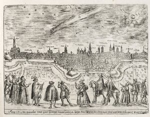 Komet sett över Augsburg i slutet av november 1618, från Cometen Historia, pub. 1618 av German School