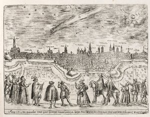 Komet sett över Augsburg slutet av november 1618, pub. 1618. av German School