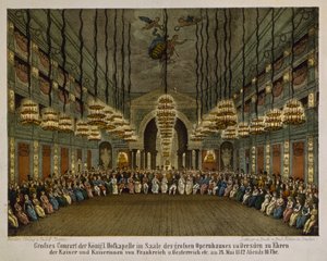 Kunglig orkesterkonsert i auditoriet i Dresdens operahus för att hedra kejsarparet, 1812 (färglitografi) av German School