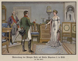 Samtal mellan drottning Louise av Preussen och kejsar Napoleon I i Tilsit, 6 juli 1807 (färg litho) av German School