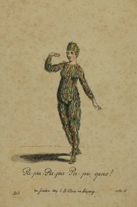 Kostymdesign för rollen som Papageno i operan Trollflöjten av Wolfgang Amadeus Mozart, publicerad i Leipzig av I. B. Klein, 1793 (färgstick) av German School
