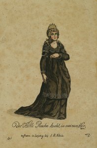 Kostymdesign för rollen som Nattens Drottning i operan Trollflöjten av Wolfgang Amadeus Mozart, publicerad i Leipzig av I. B. Klein, 1793 (färgstick) av German School