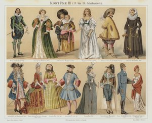Dräkter från 1600- till 1800-talet (färg litho) av German School