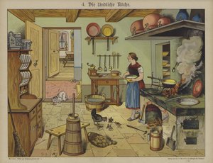 Lantligt kök (litho i färg) av German School