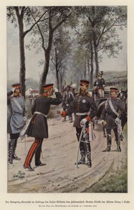 Kronprins Fredrik av Tyskland tilldelar fältmarskalk Helmuth von Moltke järnkorset på uppdrag av sin far, kejsar Wilhelm I (färg litho) av German School