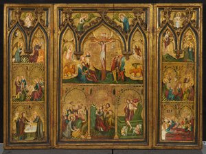 Crucifixion triptyk (tidigare känd som Estouteville Triptych), c.1374 (tempera på panel) av German School