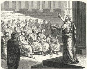 Demosthenes talar emot Filip II av Makedonien av German School