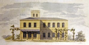 Design för en italiensk klassisk villa, ca 1850 (akvarell med penna och bläck på papper) av German School