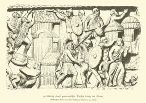 Förstörelse av en germansk by av romerska soldater (gravyr) av German School