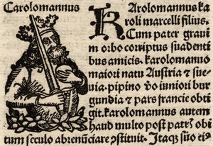 Detalj från ett original incunabelt blad, föreställande Karl den Store (742-814) före 1500 (se även 237071) av German School