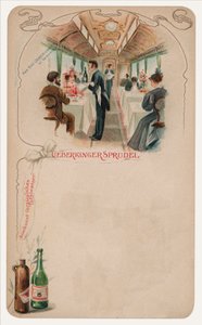 Matvagn på ett tåg, reklam för Ueberkinger Sprudel bordsvatten (chromolitho) av German School