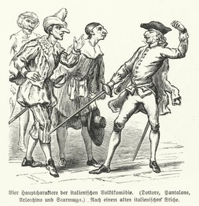 Doctor, Pantalone, Arlecchino och Scaramuccia, fyra karaktärer från Commedia dell