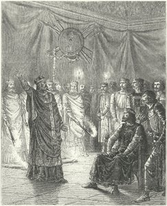 Edmund Rich, ärkebiskop av Canterbury, hotar kung Henrik III med bannlysning av German School