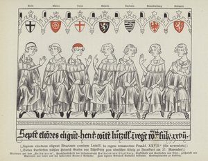 Val av Henrik VII av Luxemburg till helig romersk kejsare, Frankfurt, 27 november 1308 (färg litho) av German School