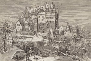 Eltz slott, i kullarna ovanför Moselfloden, Tyskland, som det såg ut i slutet av 1500-talet (litho) av German School