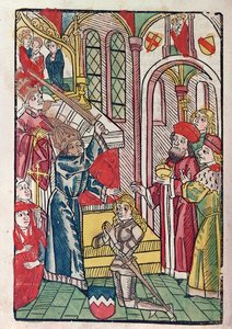 Kejsar Sigismund (1367-1437) av Luxemburg dubbar en riddare (träsnitt i färg) av German School