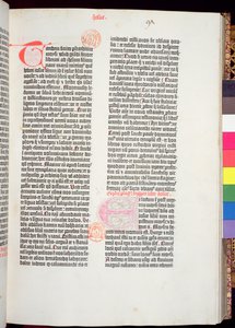 Slutet av Pentateuchen och början av Joshuas bok, från Gutenbergbibeln, tryckt av Johannes Gutenberg (ca 1400-68) & och Peter Schoeffer (1425-1502) i Mainz, 1454-56 (tryckt papper)