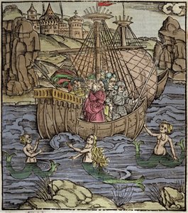 Aeneiden av Vergilius (70 f.Kr.-19 f.Kr.), den trojanska hjälten Enee och hans följeslagare korsar ett hav fullt av sirener. Xylografi av Sebastian Brant (1458-1521). Strasbourg av German School