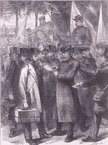 Engelska invånare som lämnar Paris, Cassells historia om kriget mellan Frankrike och Tyskland publicerad av Cassell and Company Limited, ca 1890 (litho) av German School