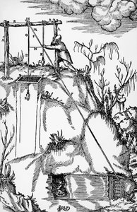 Gravyr från De re metallica (Om metallernas natur), av Georg Pawer eller Georgius Agricola (1494-1555), publicerad i Basel av German School
