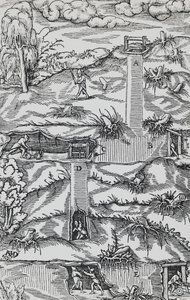 Gravyr från De re metallica (Om metallernas natur), av Georg Pawer eller Georgius Agricola (1494-1555), publicerad i Basel av German School