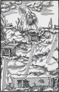 Gravyr från De re metallica (Om metallernas natur), av Georg Pawer eller Georgius Agricola (1494-1555), publicerad i Basel av German School