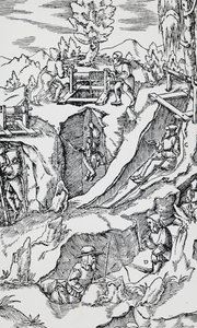 Gravyr från De re metallica (Om metallernas natur), av Georg Pawer eller Georgius Agricola (1494-1555), publicerad i Basel av German School