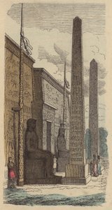 Ingången till ett forntida egyptiskt palats tempel (färgad gravyr) av German School
