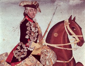 Ridsporträtt av kung Fredrik den Store av Preussen (1712-86) (wc och guldtråd på papper) av German School