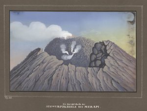 Utbrott från Mount Merapi, Pl.III, topografisk och vetenskaplig atlas för resan genom Java, av Dr.Fr.Junghuhn, Magdeburg 1845 av German School