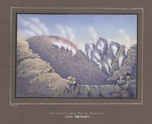 Utbrott och innervägg av Merapi-vulkanen, Pl. V från, Topografisk och naturvetenskaplig atlas på resan genom Java, av Dr.Fr.Junghuhn, Magdeburg 1845 av German School