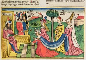Esther 2 15-18, Ester är vald till drottning av den persiske kungen Ahasveros, från Nürnbergbibeln (Biblia Sacra Germanaica) (färgat träsnitt) av German School