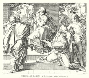 Esther och Haman, Esther, ch vii, ver 8 (gravyr) av German School