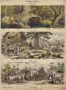 Europa: skog i Litauen; tysk by; Italiensk landsväg (färgad gravyr) av German School