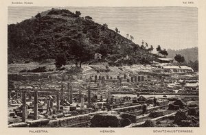 Utgrävning av platsen för det antika Olympia, Grekland: Palaestra, Heratemplet och skattkammaren (gravyr) av German School