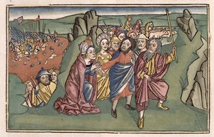2 Mosebok 14 Moses och israeliterna korsar Röda havet, från Nürnbergbibeln (Biblia Sacra Germanaica) (färgat träsnitt) av German School