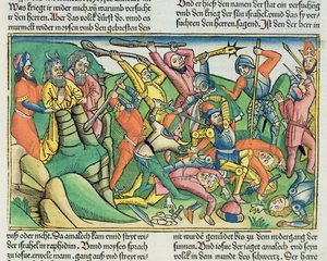 2 Mosebok 17 8-15 Aron och Hur stödjer Moses händer för att säkerställa israeliternas seger över amalekiterna, från Nürnbergbibeln (Biblia Sacra Germanaica) (färgat träsnitt)