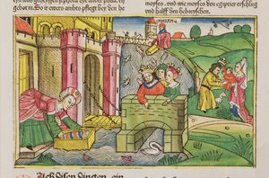 2 Mosebok 2 1-6 Moses flöt nerför Nilen och upptäcktes av en av faraos fruar, från Nürnbergbibeln (Biblia Sacra Germanaica) (färgat träsnitt) av German School