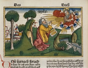 2 Mosebok 34 1-10 Moses tar emot de andra tavlorna med de tio budorden, från Nürnbergbibeln (Biblia Sacra Germanaica) (färgat träsnitt) av German School