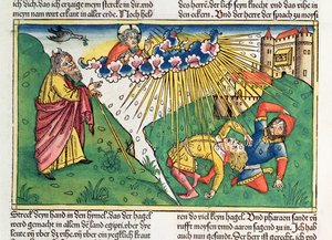 出エジプト記 9 13-35 エジプトの七つの災い: モーセと雹と稲妻の疫病、「ニュルンベルク聖書 (Biblia Sacra Germanaica)」から (着色された木版画)スウェーデン語 av German School