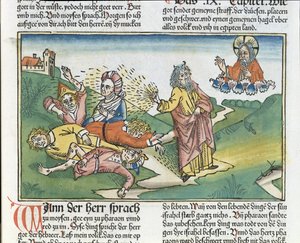 2 Mosebok 9 8-12 Egyptens sju plågor: Moses och böldplågan, från Nürnbergbibeln (Biblia Sacra Germanaica) (färgat träsnitt) av German School