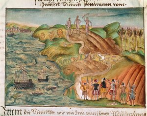 Expeditionen landar i Venezuela, från "Memoirs, biographical notes and poems, etc., of the Coeler family", c.1560-1632 (akvarell on paper) av German School