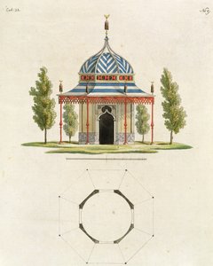 Exteriör av ett kinesiskt trädgårdstempel, från Recent New Ideas for the Garden, publicerad 1779 (färggravyr) (se även 170864) av German School