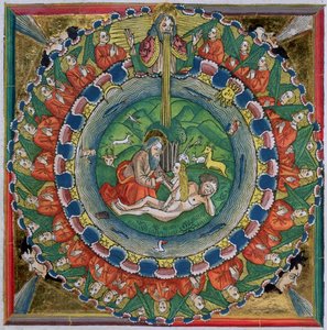 Faksimilkopia av 1 Mosebok 2:22 Gud skapade Eva, från Nürnbergbibeln (Biblia Sacra Germanaica) av German School