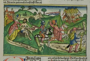 Faksimilkopia av Job: Frontispice, Job som skälldes ut av sin fru, hans hus och familj förstördes av en orkan och hans boskap stulna, från Nürnbergbibeln (Biblia Sacra Germanaica) (färgad av German School