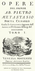 Faksimil av titelsidan för en venetiansk utgåva av den italienska poeten och librettisten Pietro Metastasios samlade verk (litho) av German School