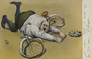 Fet man, ramlat av sin cykel (färg litho) av German School