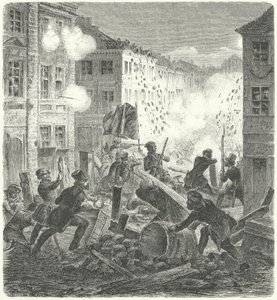 Slåss vid en barrikad framför Collns rådhus, Berlin, revolutionen 1848 (gravyr) av German School
