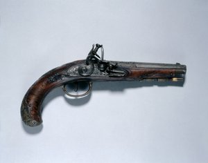 Flintlock Pistol, pipmakare Johann Andreas Kuchenreuter (1716-1795), ca 1750 (stål, valnötsstock, mässingsfästen, pipa inlagd med guld, mässing & silver) av German School